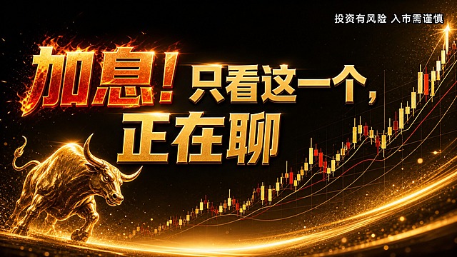 金融公众号封面图，16:9横版，黑金色调，深色背景带有金色光晕效果。画面右侧有大幅K线走势图向上攀升，左侧有金色牛的剪影和上升趋势线，底部有金色光带。画面中央偏左是两行大标题文字，第一行"加息！只看这一个，"，第二行"正在聊"，标题字体为粗体金属质感，"加息"二字为火焰红金色渐变突出重点，其余文字为亮金色立体字，字体配色多样合理，视觉冲击力强。右上角有白色小字风险提示："投资有风险 入市需谨慎"。整体风格霸气金融风，高端质感，除了标题和风险提示外没有其他文案内容。