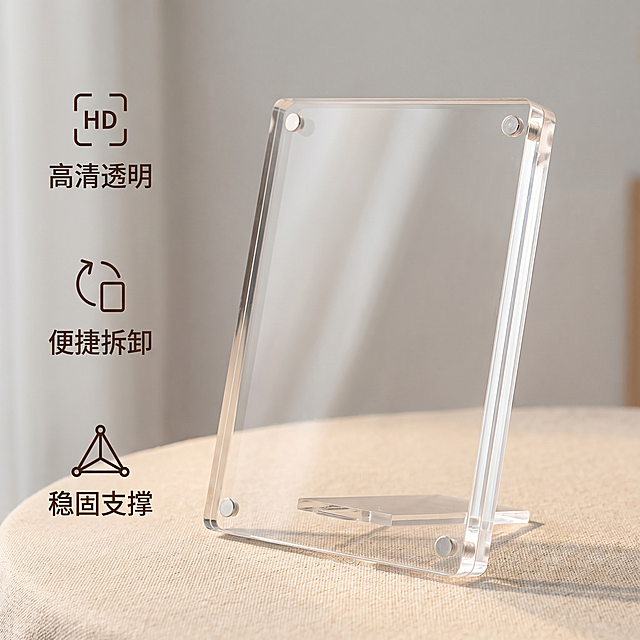 [主图 2] 亚克力相夹核心卖点展示图，突出高清透明特性，温馨舒适家居治愈风。[氛围风格] 温馨治愈家居风，简约干净通透；[画质] 商业摄影质感，光线柔和通透，产品清晰真实，画面干净高级；[元素] 亚克力相夹打开放置在浅米色布艺桌面上，背景为浅灰色墙面，相夹完全展示透明亚克力材质，能够清晰透过相夹看到后方背景。保持亚克力相夹外观（物理结构、材质质感、透明属性）与输入产品图绝对一致，杜绝任何变形和色差，精细化处理。商品主体占比严格控制在60%-80%之间，画面满铺无边框；[光影] 侧逆光从后方照射，突出亚克力材质的清透感，光线柔和不刺眼，透明材质产生自然轮廓光，层次分明；[配色] 主色调为浅米白、浅灰，低饱和暖色调；[视角构图] 平视略低角度拍摄，产品在画面中心，景深较浅，突出透明材质；[文字版式] 左侧垂直排列卖点，每个卖点配简约小图标，三个卖点分别为「高清透明」「便捷拆卸」「稳固支撑」，右侧展示产品主体，文字深棕色与浅背景形成强烈对比，清晰易读；[比例分辨率] 1:1 比例，2048x2048像素，2k分辨率；文字清晰锐利，画面超高清；[负向提示词] 变形，水印，文字错乱，产品图模糊，背景杂乱，亚克力不透明，颜色混浊。