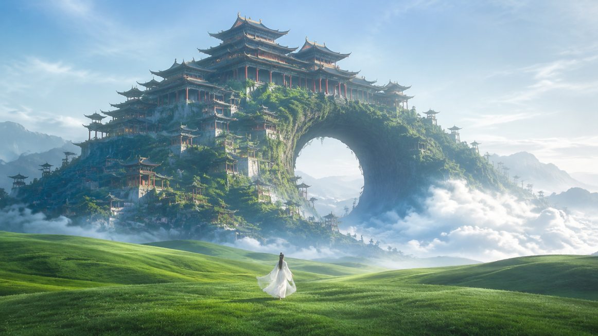 【构图】16:9广角横向纵深构图，前景整片平缓起伏翠绿色草坡，画面底部中间渺小古装人物；中景巨型天然拱形青绿草山，山体顶部生长连绵巨型中式天宫建筑群，山体右侧巨大通透圆拱门洞，山脚云海薄雾虚化建筑边缘预览效果