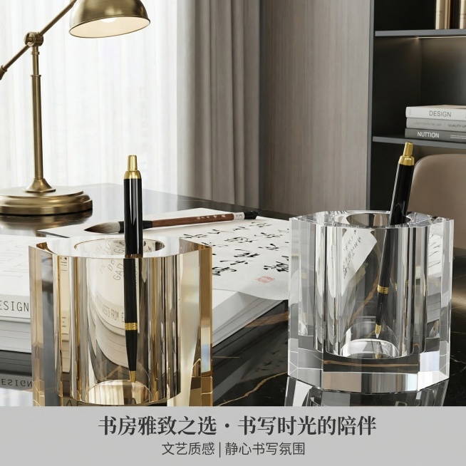 两个六边形水晶笔筒，分别是香槟金色透明和全透明水晶材质，每个笔筒中插一支黑色笔身金色笔帽的钢笔，尺寸严格保持80mm×80mm×100mm，保持所有产品细节、包装设计、颜色、LOGO位置、文字内容、图预览效果