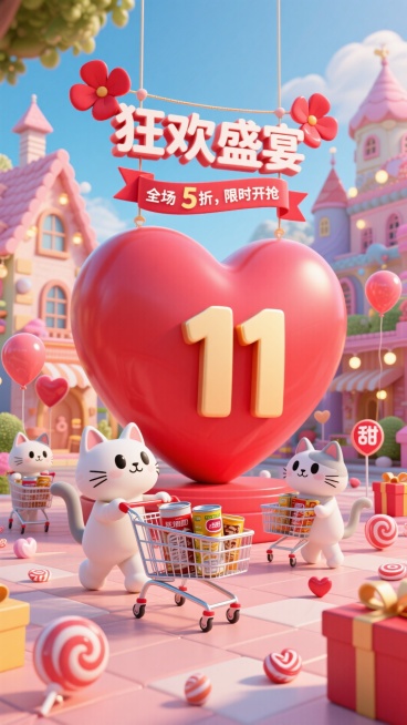 画面以巨型红色 “11” 爱心造型装置为视觉核心，上方垂挂 “狂欢盛宴” 丝带标题牌，搭配红色花瓣标注 “全场 5 折，限时开抢”。场景中，一群卡通小猫咪推着装满猫粮、罐头的购物车穿梭，周围散落着爱心预览效果