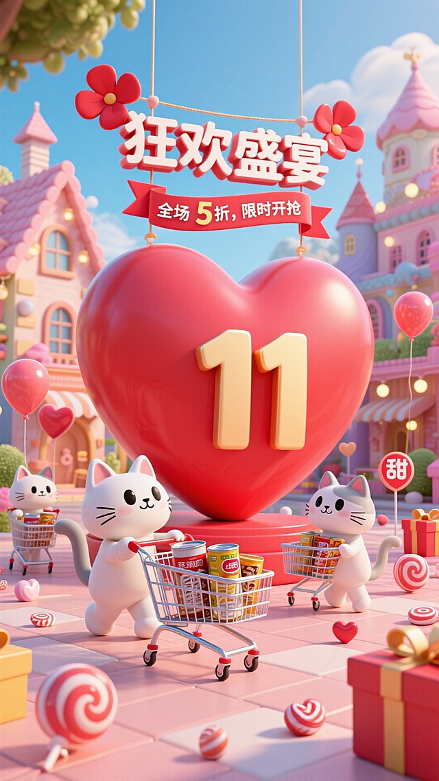 软3D风卡通场景，拟人猫咪萌趣互动，红色心形与糖果元素营造甜蜜浪漫氛围，微缩艺术感十足，传递双11甜蜜购物节的温馨与促销趣味。