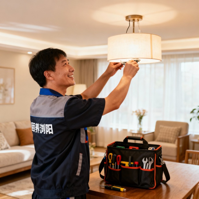 帮我生成带“颐养浏阳”服务人员家用灯具安装/维修服务场景的图片预览效果