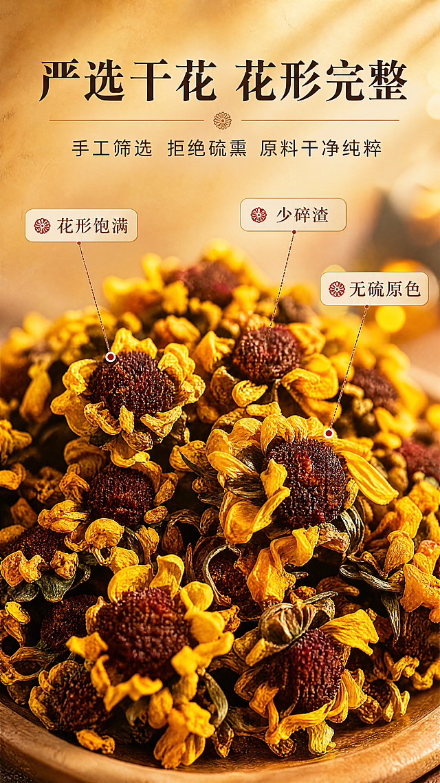[商品] 使用【图1】天山雪菊干花特写图；保留雪菊干花黄花瓣、深红花蕊、自然卷曲干花形态、真实干花质感与颜色；修复画面中杂乱碎渣，使花形更完整饱满，突出干花品质感。
[画面] 页面目标：质地/工艺专张，展示严选干花、花形完整、少碎渣、手工筛选、拒绝硫熏的干净纯粹品质。构图采用微距满版式，满满一盘天山雪菊干花占据画面约75%，居中偏下。上方约25%留白放标题文案，前景几朵完整雪菊做焦点特写，中景是层层叠叠的干花堆，背景虚化暖调光斑，形成微距质感的品质展示，≥3层视觉层次。阅读动线从上至下。
[视觉] 套系策略：风格=中式自然养生商业摄影风，暖金琥珀色调；标题字=宋体衬线粗体，带东方雅致感；正文字=简洁无衬线体；主色=暖金琥珀色；背景延展=基于暖金琥珀做深浅层级、同色渐变和细腻纸张/织物质感，从深褐到浅金过渡；强调色=赭石红，仅用于小面积图标、引线和标签点缀；标题色=深褐近黑；正文色=中暖棕；组件=圆角浅底信息卡、细线引线、小菊花图标；光影=左前侧暖柔光，侧光突出花瓣纹理与立体感。
[文字] 上方主标题「严选干花 花形完整」，副标题「手工筛选 拒绝硫熏 原料干净纯粹」，画面中用3条细线引线分别标注「花形饱满」「少碎渣」「无硫原色」，指向干花不同部位。文字全部横向排版，不遮挡核心花簇，移动端清晰可读。
[规格] 图片比例9:16竖版，分辨率4K，quality=medium。避免变形、错字、文字过小、冷蓝/蓝灰背景、干花颜色改变、虚假功效、极限词。