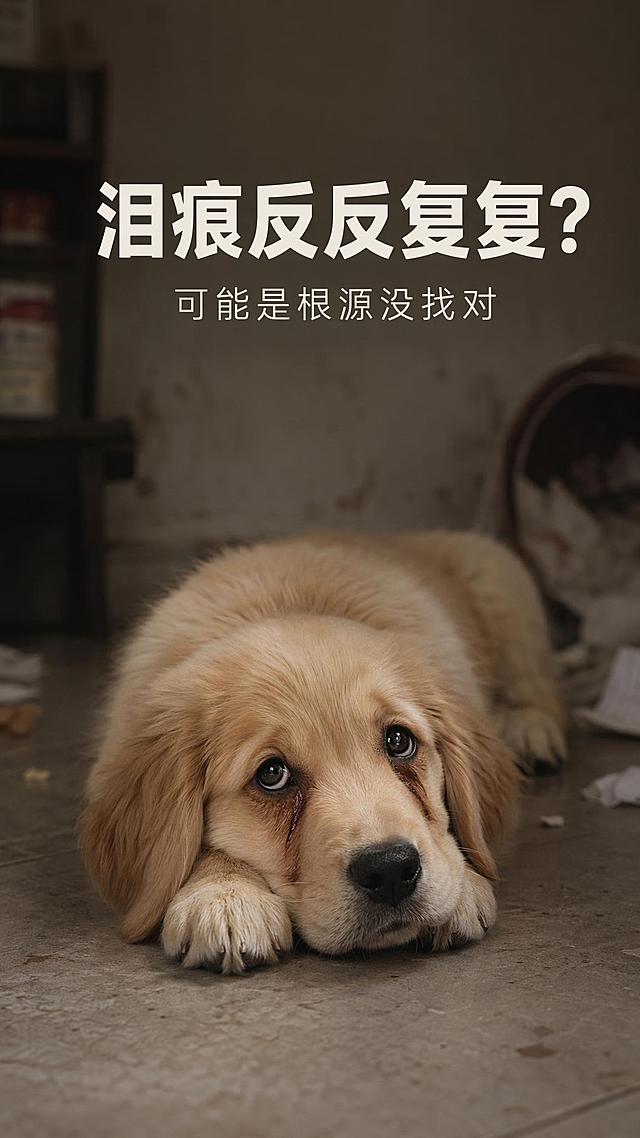[第2屏] 详情页痛点场景屏——宠物泪痕困扰共鸣图。无需使用产品图。
[氛围/风格] 略带压抑的真实生活氛围感，柔和写实摄影风格。
[元素布局] 画面中心偏下位置是一只金毛幼犬，趴在地上，下巴搁在前爪上，眼部有明显红褐色泪痕，眼神忧郁无辜向上看；背景为略微杂乱、光线偏昏暗的室内地面，整体重点突出宠物眼部泪痕，引发主人共鸣。
[光影质感] 整体光线偏柔和昏暗，突出泪痕部位对比，氛围压抑令人心疼。
[配色色系] 全局底色 #E8E3DD；主色暖棕灰色调，弱化色彩对比，突出情绪。
[视角构图] 平视角度，主体宠物位于画面中下，景深适中，突出神态。
[文字版式] 画面上方大号粗体字提问「泪痕反反复复？」，下方小字补充「可能是根源没找对」；文字简洁不遮挡宠物主体，排版居中。
[比例分辨率] 9:16竖版比例，width:1080, height:1920，4K分辨率，文字清晰可辨，高清画质。
[负向提示词] 过度夸张恶心画面，宠物畸形，文字错乱，水印，颜色偏差