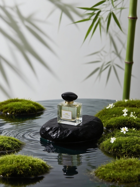 产品放在黑石上，搭配苔藓、白色小花、水面涟漪，背景融入竹影投影，用柔和光影呈现物体投影与水面反光预览效果