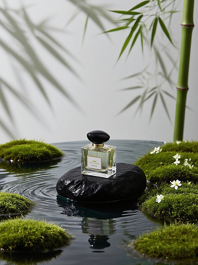 产品放在黑石上，搭配苔藓、白色小花、水面涟漪，背景融入竹影投影，用柔和光影呈现物体投影与水面反光