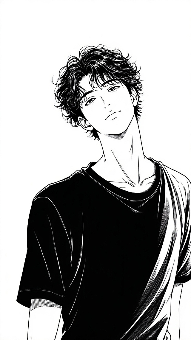 黑白漫画风，时尚感十足的少年形象，线条流畅，展现青春活力。