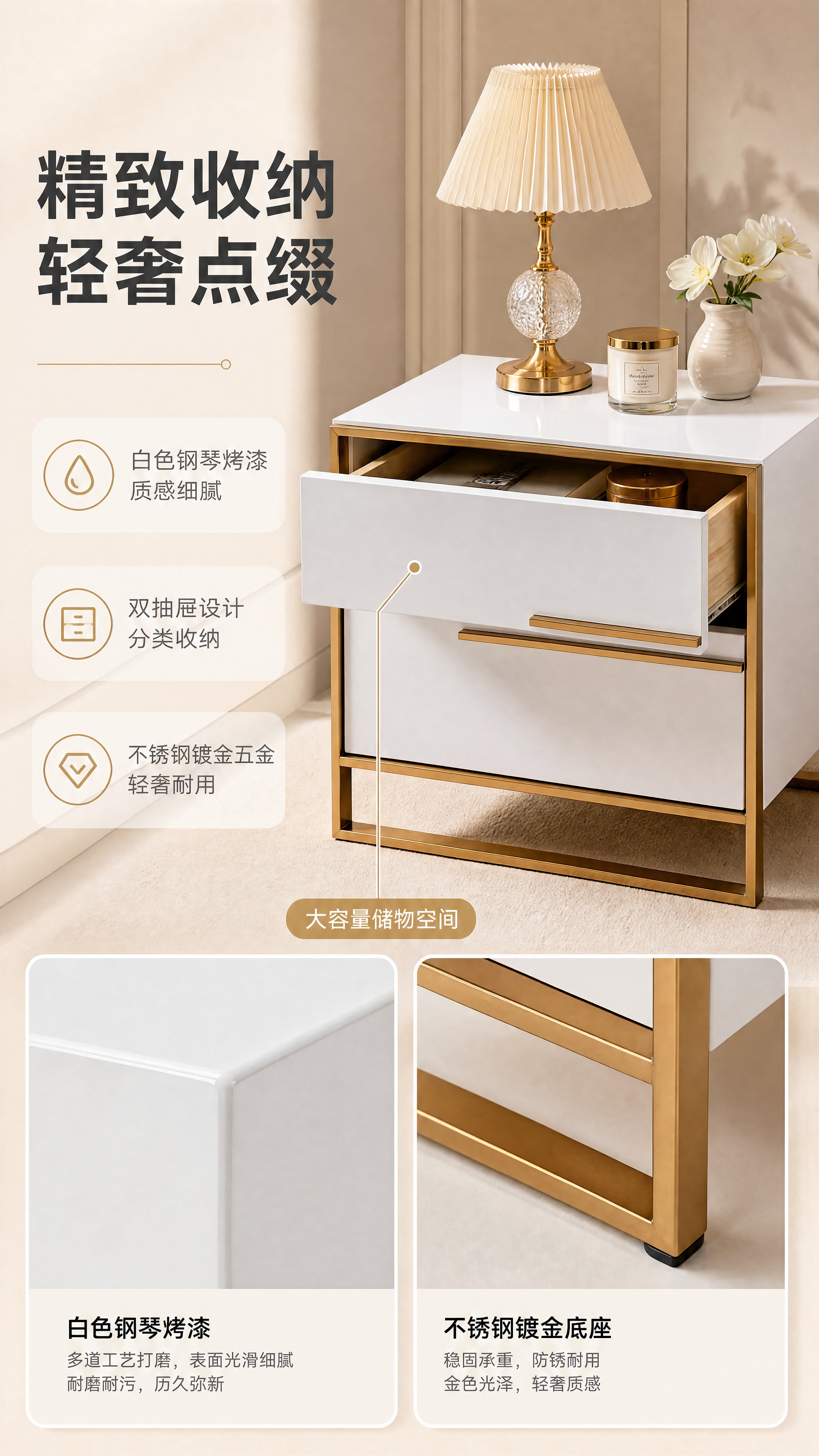 [商品] 使用【图2】白色床头柜；保留床头柜的白色油漆质感、双… - 图片创意预览