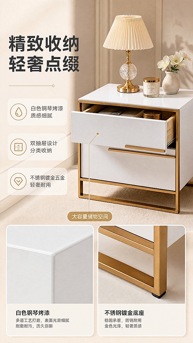 [商品] 使用【图2】白色床头柜；保留床头柜的白色油漆质感、双抽屉设计、板木结构、精品不锈钢镀金金属框架和支脚；重点展示抽屉开合、漆面质感和金色五金细节。
[画面] 目标：床头柜功能细节页，展示抽屉使用、白色漆面工艺和镀金五金品质。构图：左文右图，左侧约1/3为文案区，右侧2/3为床头柜多角度展示；主体占画面约70%；景别为中景+特写结合，主视觉为床头柜正面（上层抽屉半拉开状态，可看到内部空间），左下角嵌入漆面微距特写，右下角嵌入金色金属脚特写；阅读动线从左文案向右浏览至床头柜主体，再到下方细节特写；前景为床头柜主体，中景为抽屉内部和饰品，后景为浅米色背景。
[视觉] 套系策略：风格=现代轻奢高级商业摄影；标题字=现代无衬线粗体中文；正文字=简洁无衬线体；主色=米杏色+暖白色；背景延展=基于米杏色做深浅层级、同色渐变和细腻织物/墙面质感；强调色=香槟金，仅用于小面积图标、引线、标签和金属光效；标题色=深炭灰；正文色=中暖灰；组件=圆角浅底信息卡、细线引线、金色点缀图标；光影=左前侧暖柔光，突出白色漆面的光滑质感和金色五金的金属光泽。
[文字] 左侧文案区：主标题"精致收纳 轻奢点缀"（8字），下方3个功能卖点："白色钢琴烤漆 质感细腻""双抽屉设计 分类收纳""不锈钢镀金五金 轻奢耐用"；抽屉处用引线标注"大容量储物空间"；文字横向排版，层级清晰。
[规格] 图片比例9:16竖版，4K，避免变形、错字、文字过小、冷蓝/蓝灰背景、产品颜色改变、结构失真、极限词。