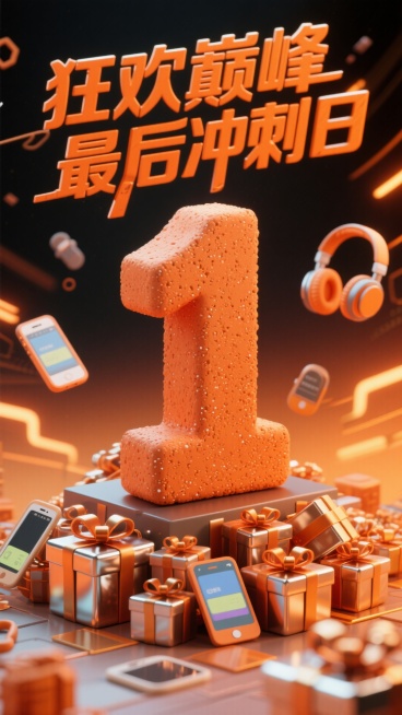 粘土材质的橙色数字 “1”，顶部设置 “狂欢巅峰 最后冲刺日” 橙色立体文字，底部堆满数码礼盒；背景采用橙黑渐变，融入科技光效，点缀耳机、手机模型等元素，整体营造急促的数码促销氛围预览效果