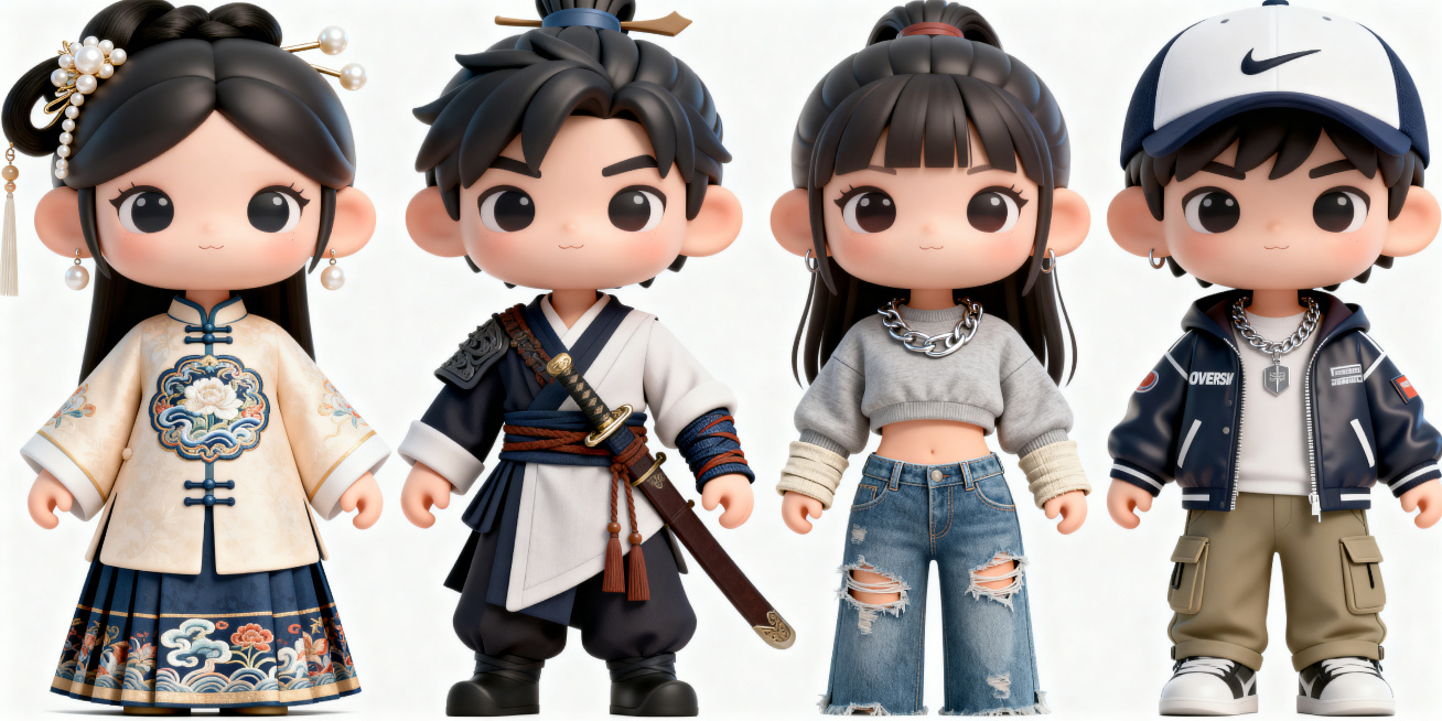 茉莉仙IP角色，保持原有Q版可爱造型和面部特征一致性，生成另外4款不同服饰配饰形象，分别为古代明制官服、古代武侠劲装、现代甜酷辣妹装、现代帅气街潮风，白色背景，每款独立展示，泡泡马特风格3D预览效果