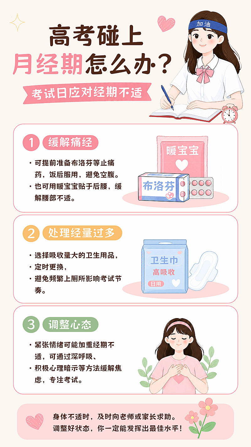 高考经期应对指南宣传科普卡通治愈手帐风竖版海报