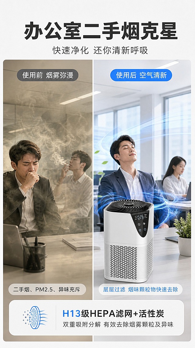 [商品] 使用【图4】瑞沃弗MAK-T桌面净化器（正确产品图，方形白色机身、黑色顶部螺旋风口、正面黑色数显面板）；保留产品真实结构、颜色、比例和数显屏；产品放置在办公桌面中央，数显屏亮着显示PM2.5数值。
[画面] 目标：新增第6张（插入原第5、6张之间），展示去除办公室二手烟场景效果。构图：左右对比分栏，左栏"使用前"：办公室内有人抽烟，烟雾缭绕呈灰黄色，空气浑浊，人物皱眉咳嗽；右栏"使用后"：同款办公室，净化器放在桌面，周围空气清新透亮，蓝色气流环绕，人物轻松呼吸。中间用竖线分隔，顶部标注"使用前/使用后"。阅读动线从左到右对比。
[视觉] 套系策略：风格=国内电商科技清新风商业摄影；标题字=现代无衬线粗黑体；正文字=简洁无衬线体；主色=纯净白+浅灰；背景延展=基于白灰做深浅层级、同色渐变和细腻磨砂/纸张质感；强调色=科技蓝(#2E7FFF)，仅用于小面积图标、引线、标签和数字高亮；标题色=深炭灰；正文色=中暖灰；组件=圆角浅底信息卡、细线引线、胶囊形卖点标签；光影=左前侧柔和自然光+产品底部自然阴影。
[文字] 顶部大标题："办公室二手烟克星"；副标题："快速净化 还你清新呼吸"；左栏顶部标签："使用前 烟雾弥漫"，底部小字"二手烟、PM2.5、异味充斥"；右栏顶部标签："使用后 空气清新"，底部小字"层层过滤 烟味颗粒物快速去除"；底部说明："H13级HEPA滤网+活性炭 双重吸附分解 有效去除烟雾颗粒及异味"；文字全部横向排版，不遮挡产品主体。
[规格] 图片比例9:16竖版，4K，避免变形、错字、文字过小、产品外观错误（禁止圆柱形）、结构失真、极限词、医疗功效宣称。
