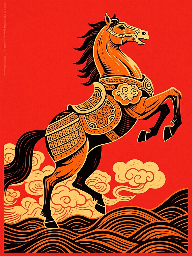 采用高对比度红黑橙三色平涂，呈现浓烈的视觉冲击力。纵向竖幅构图，平视视角，背景为高饱和正红色，主体是一匹占画面 35% 比例的橙金色骏马，呈前蹄扬起的昂首奔腾姿态，朝向画面左侧，马身装饰着传统云纹与铠甲纹样，为版画式线条肌理。骏马悬浮于橙金色祥云与波浪纹样之上，底部的波浪纹样与祥云自然衔接，营造出奔腾向上的动感。所有元素通过色彩对比与线条呼应形成统一视觉叙事，整体风格复古且充满力量感