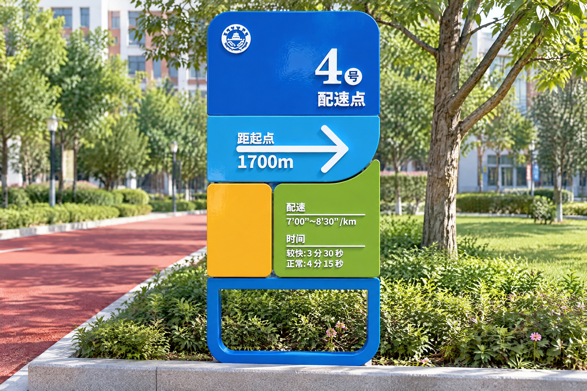 将图中的4号配速点标识雕塑生成正对视角的实景效果图，正面平视角… - 图片创意预览