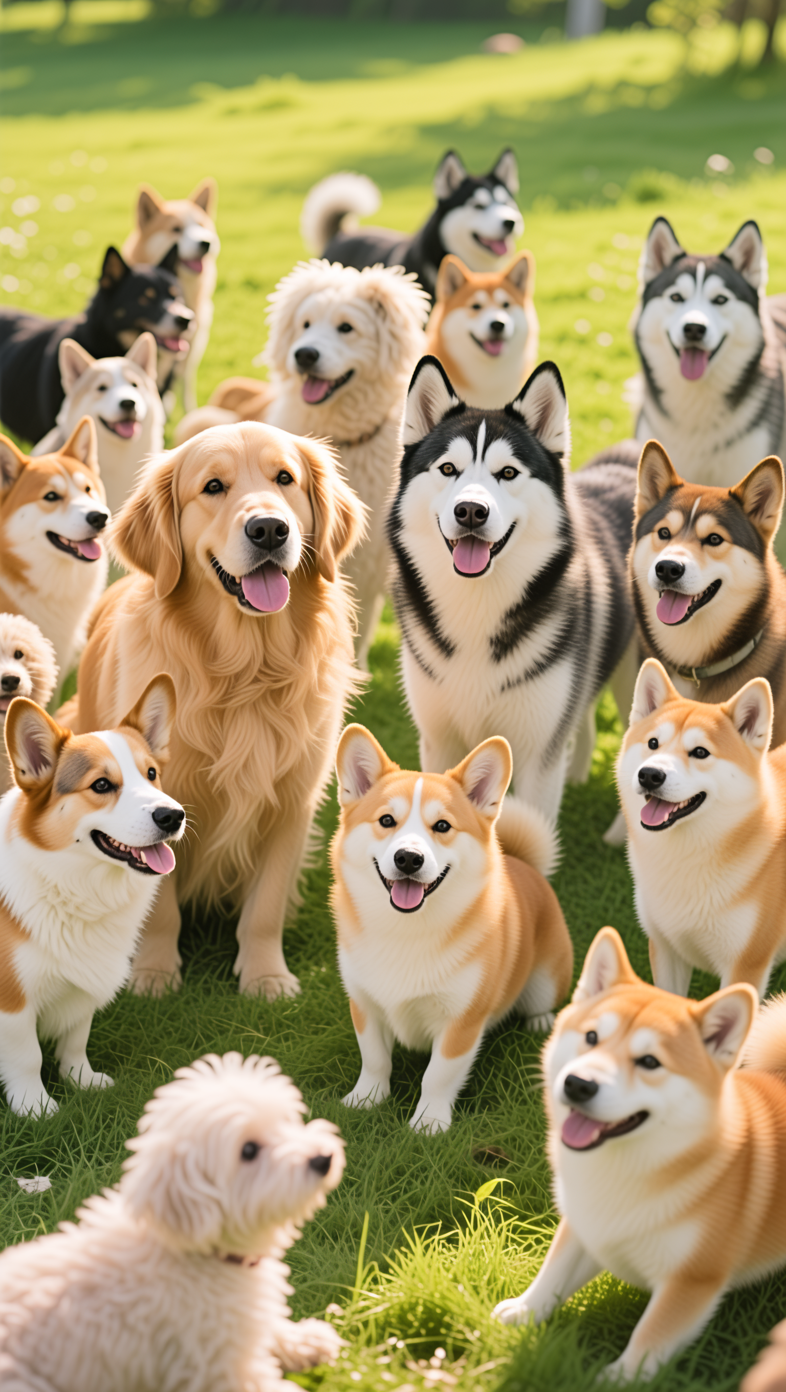 一群可爱的狗狗聚集在一起，品种多样，有金毛、柯基、哈士奇、柴犬… - 图片创意预览