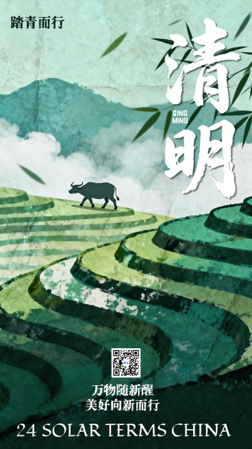复古肌理清明节气海报梯田踏青水墨质感视觉设计海报预览效果