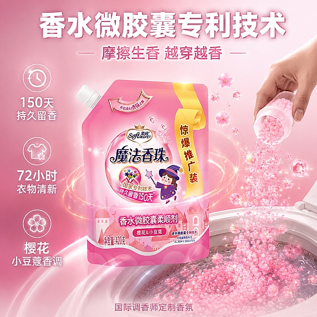 [主图-2] 柔欣魔法香珠柔顺剂核心卖点图 香水微胶囊技术可视化展示。
[氛围风格] 轻科技感 清新洁净风 粉色调 抖音电商风格；
[画质] 商业摄影质感 光线通透 产品清晰 细节丰富 超高清。
[元素] 画面中央是柔欣魔法香珠柔顺剂袋装产品 粉色包装 正面展示 产品周围悬浮着许多发光的粉色微胶囊颗粒 胶囊缓缓扩散出香气波纹 呈现出长效留香的视觉效果。画面右侧有一位亚洲女模特的手部特写 正在往洗衣机里倒入香珠 水流中带着粉色香气粒子。背景是简洁的浅粉色渐变 带有柔和的光晕效果 底部有洗衣机滚筒的局部轮廓。保持柔欣魔法香珠柔顺剂产品外观与输入产品图绝对一致 杜绝变形和色差。商品主体占比约60%。画面满屏无边框。
[光影] 顶部柔光为主光 产品正面均匀受光 微胶囊颗粒自发光效果 形成柔和的点光源点缀 整体光影干净立体 有科技感但不冰冷 粉色光晕温暖柔和。
[配色] 主色调樱花粉 白色 辅助色浅紫色渐变 金色高光点缀。
[视角构图] 略微俯视角度 产品居中偏左 微胶囊粒子向右上方扩散 形成动态感 右侧手部动作引导视线 上下留有文字空间。
[文字版式] 顶部居中大标题"香水微胶囊专利技术" 白色粗体大号字 下方副标题"摩擦生香 越穿越香" 粉色字体 约主标题一半大小。左侧垂直排列三个卖点图标加文字 从上到下 "150天持久留香" "72小时衣物清新" "樱花小豆蔻香调" 每个卖点配小图标 白色字体。底部一行小字"国际调香师定制香氛" 浅粉色细体字。
[输出要求] 1:1比例 文字清晰锐利 超高清商业摄影质感。
[负向提示词] 变形 文字错乱 产品模糊 背景杂乱 水印 电商Logo 冷色调过重。
