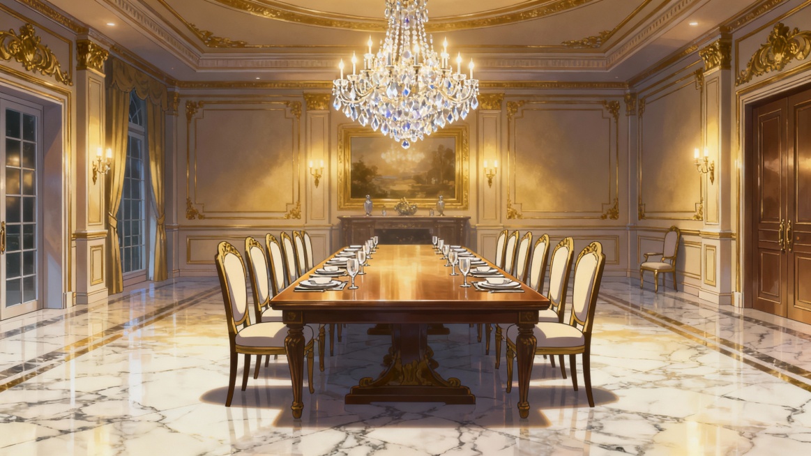 Makoto Shinkai art style, 2D anime, wide shot, luxury villa dining room, long rectangular dining tab预览效果