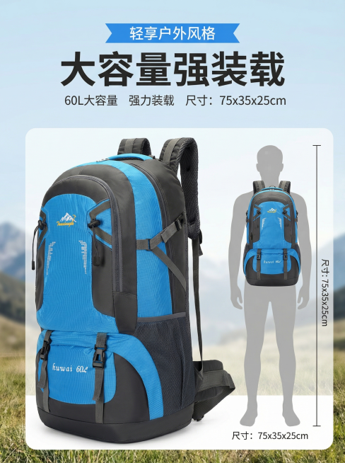 生成第八张蓝黑拼色大容量登山双肩包主图，展示背包整体尺寸对比，突出大容量强装载卖点，搭配产品规格文字说明，轻享户外风格，亚马逊跨境平台，比例3:4，干净简洁背景预览效果
