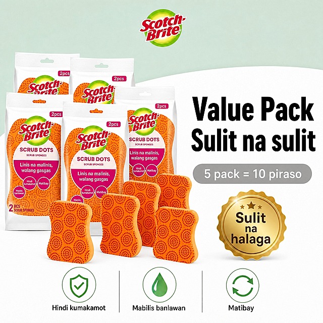 [SKU图-4] Scotch-Brite Scrub Dots 海绵百洁布 SKU规格图——5包共10片装，沿用参考图整体版式风格，菲律宾Shopee平台，菲律宾语文案。
[统一基调] 参考图风格：上半部分薄荷浅绿渐变背景，下半部分大面积白色弧形曲面，顶部中央Scotch-Brite红绿品牌Logo，右下角金色锯齿边圆形价值徽章，底部3个绿色线框圆形图标卖点，整体明亮洁净、东南亚电商风格。产品为橙色带红色圆点凸点的波浪形海绵百洁布，白色包装袋带玫红色标签区。
[画面] 左侧展示5包Scotch-Brite Scrub Dots海绵百洁布包装袋，2前3后错落堆叠排列，每包标注"2 pcs"；包装袋前方和周围摆放6-7片取出的橙色圆点海绵，呈丰富阵列排列，突出大量囤货超值感，产品占画面约55%。右侧上半部分为大标题区，中部灰色圆角条显示规格数量，右下角金色圆形徽章。底部3个等距排列的绿色圆形图标卖点。整体构图与参考图一致，仅数量和文案改为5包10片。
[光影质感] 商业产品摄影质感，主光左上方，海绵多孔材质真实，包装塑料膜有轻微反光，产品有自然接触阴影，整体明亮通透洁净。
[配色] 背景上薄荷浅绿下白色弧形，标题黑色粗体，规格条灰底白字，金色徽章，图标绿色，产品橙色。
[文字版式] 全部菲律宾语文案，无中文无泰文。顶部中央Scotch-Brite Logo。右侧大标题粗体"Value Pack  Sulit na sulit"。下方灰色圆角条"5 pack = 10 piraso"。金色徽章内文字"Sulit na halaga"。底部3个图标+文字从左到右：盾牌对勾图标"Hindi kumakamot"、水滴图标"Mabilis banlawan"、循环箭头图标"Matibay"。
[输出要求] 1:1正方形，2048px，文字清晰可读，产品清晰不变形，无3M标识，无水印无平台Logo，无杂乱元素，风格与参考图高度一致。
