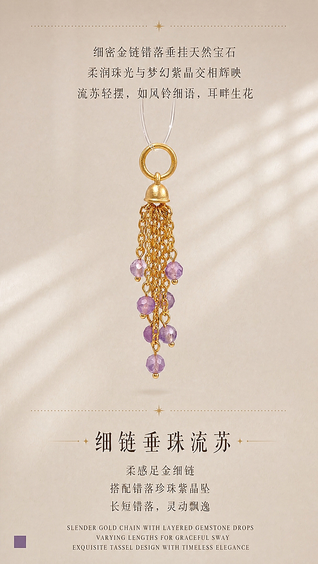 [商品] 使用【图2】紫水晶流苏单款特写；保留流苏完整结构、吊环、钟形帽、金链肌理、紫水晶切面形状与颜色、古法金哑光质感；产品100%还原原始造型、尺寸比例、孔径、厚度，禁止变形改结构。
[画面] 页面目标：款式A卖点详解，展示工艺与设计细节。构图：上下三段式，顶部文案+中部产品大图+底部卖点文案。主体位置：产品居中偏上，完整展示流苏垂挂形态。主体占比：约50%。阅读动线：从上到下，先读诗意描述，再看产品细节，最后读卖点。前中后景：前景流苏清晰，后景米杏色背景带柔和百叶窗光影。
[视觉] 套系策略：风格=东方雅致高级珠宝摄影风，温润米杏暖调；标题字=宋体（带衬线设计感，笔画有粗细对比）；正文字=细宋体，轻盈温润；主色=米杏暖灰#F2EEE8；背景延展=基于米杏暖灰做深浅渐变、同色系明暗层次、细腻哑光肌理，保留柔和百叶窗斜向光影；强调色=古法金暖金色#C9A456，仅用于标题装饰星光、引线、小色块；标题色=深棕#3A2F24；正文色=中棕#6B5A48；组件=点状虚线分隔线、星光小装饰、全大写衬线英文；光影=左前侧暖柔光，古法金哑光颗粒质感清晰，紫水晶切面有火彩，无过曝无死黑。
[文字] 顶部居中3行诗意描述："细密金链错落垂挂天然宝石 / 柔润珠光与梦幻紫晶交相辉映 / 流苏轻摆，如风铃细语，耳畔生花"。底部居中有副标题"细链垂珠流苏"（中号），下方3行正文："柔感足金细链 / 搭配错落珍珠紫晶坠 / 长短错落，灵动飘逸"。最底部英文小字（全大写衬线体）："SLENDER GOLD CHAIN WITH LAYERED GEMSTONE DROPS / VARYING LENGTHS FOR GRACEFUL SWAY / EXQUISITE TASSEL DESIGN WITH TIMELESS ELEGANCE"。左下角有紫色小方块装饰。全部文字横排，不遮挡流苏主体。
[规格] 宽850px，高1500px竖版，4K，负向提示：避免产品变形、金属发白、宝石颜色变浅、文字遮挡产品、背景冷色调。