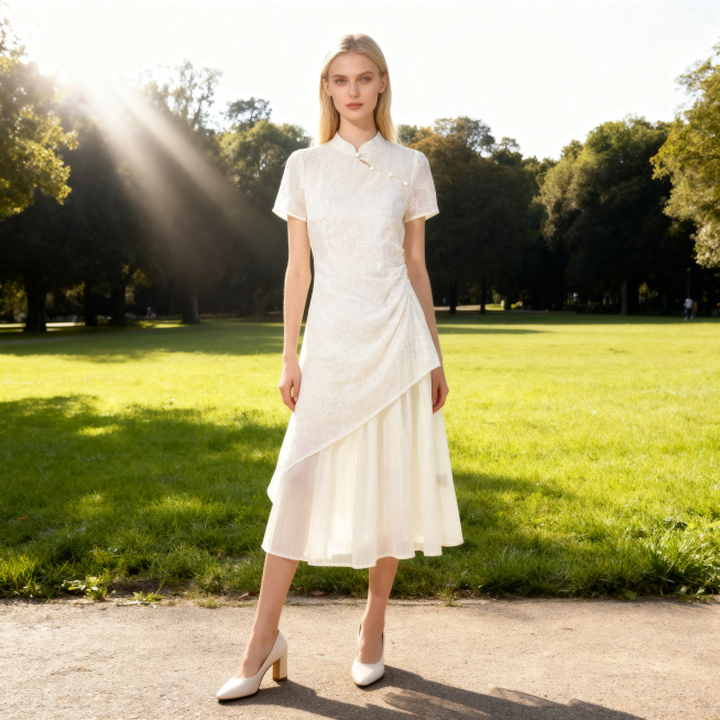 保留这件米白色提花改良旗袍连衣裙的颜色和长短比例不变，严格按照图片服装款式，让五官精致立体、身高168cm身材比例修长纤瘦的乌克兰模特自然穿着这件裙子，搭配2026年流行浅色系夏季有跟鞋子，动作自然贴预览效果