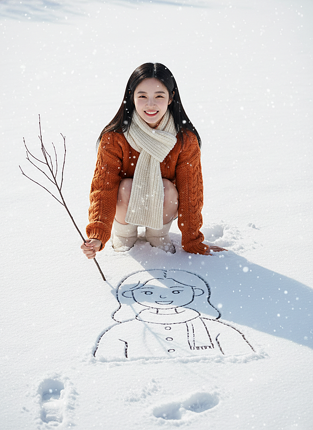 画面主视觉是图示人物蹲在雪地上用树枝画自画像（画像为漫画风，上半身，无色彩，与人物变装后服饰一致），并与自画像合影，身着暖色调冬装，神情愉悦。周围散落雪花、脚印装饰。