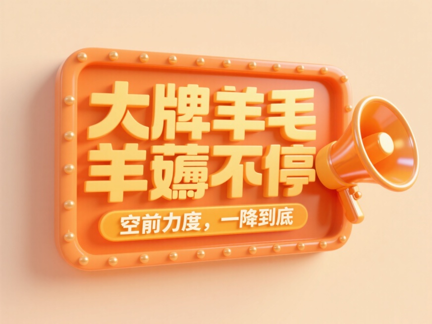 主标题为“大牌羊毛薅不停”，副标题为“空前力度，一降到底”，喇叭装饰在文本框边上，橙黄配色，背景为浅橙色，3d立体效果预览效果