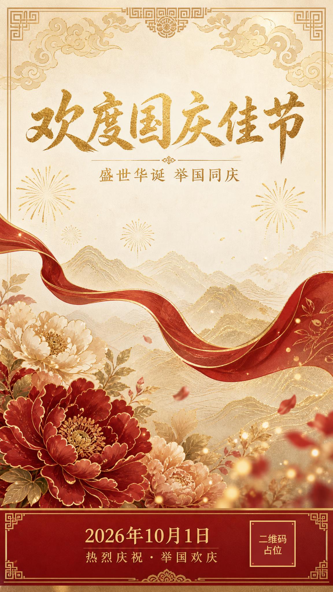 一张高级感十足的国庆节节日祝福海报，竖版构图，国风新中式工笔与… - 图片创意预览