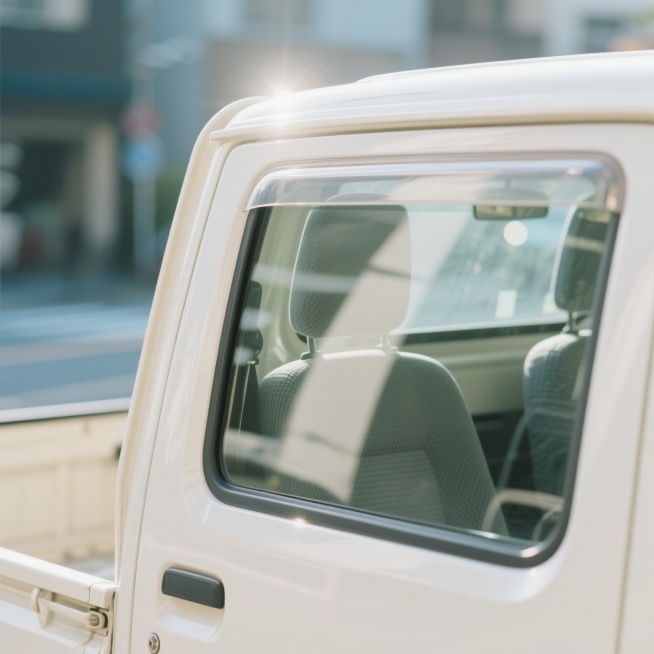 一辆小货车的车窗特写，车窗干净透明，能看到车内部分座椅，车窗外是模糊的街道背景，阳光照射在车窗上产生轻微反光，整体色调清新自然预览效果