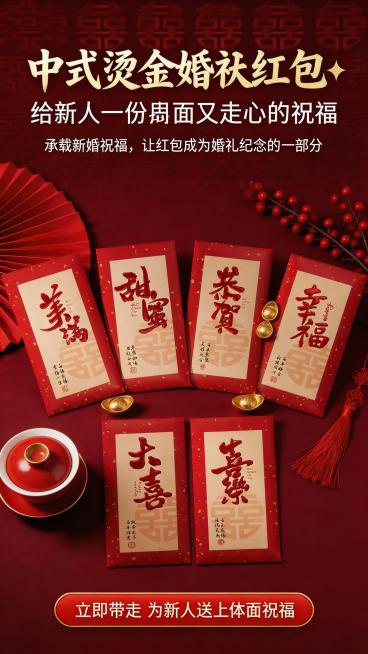 将图片中的多款中式婚庆红包保留主体，更换为中式传统婚庆场景，背景为同色系酒红色哑光平面，点缀金色“囍”字纹样、红色折扇、红果枝、中式盖碗茶具、金色元宝等传统婚庆元素，营造喜庆庄重氛围。新中式国风高端婚预览效果