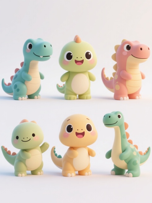 3D Q版风格，六个不同外貌、不同造型、不同品种的可爱恐龙角色，整体采用圆润饱满的卡通造型，明亮柔和的色彩搭配，简洁流畅的线条，每个恐龙都有超大比例的萌系眼睛和微笑表情，姿态各异且富有动感，整齐排列在纯白色背景上，保持统一的卡通化渲染风格和治愈系氛围。预览效果