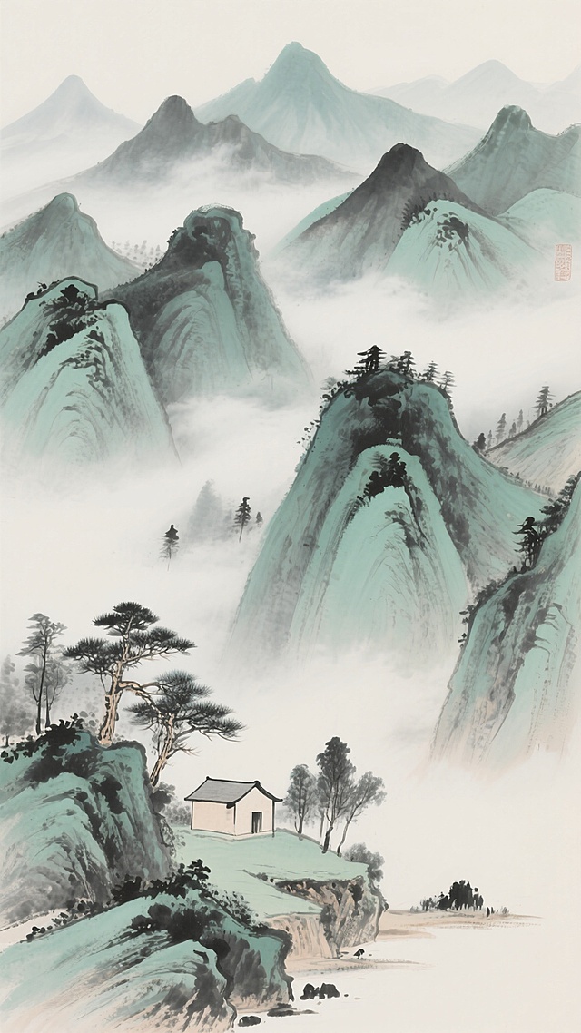 中国传统水墨山水画风格，以淡墨和浓墨交织描绘层叠山峦，远山如黛，近山苍劲，山间云雾缭绕，呈现出朦胧空灵的意境，画面中点缀几株松树和一座山间小屋，整体色调以青绿色和灰白色为主，笔触流畅自然，体现出中式山水的悠远宁静之美。