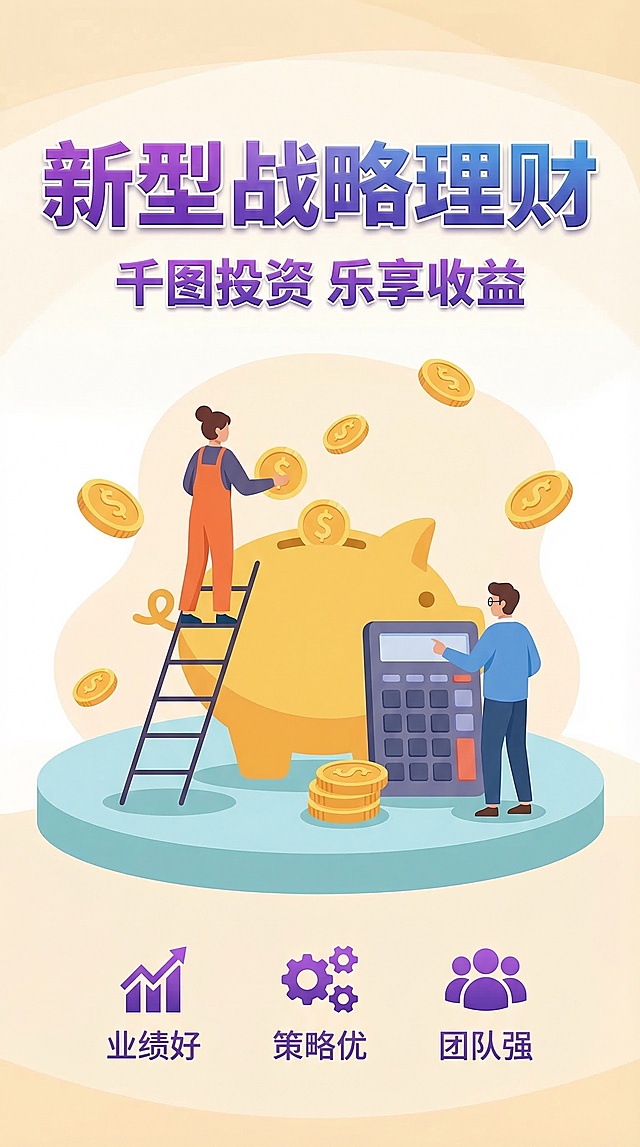 这是一张战略型理财场景的竖版储蓄投资海报，暖色调扁平插画风格。背景为浅奶油白渐变，中央是浅湖蓝圆形展台，台上有巨大金色存钱罐，一人站梯子上投放金币，另一人在旁操作计算器，周围漂浮金币，底部功能图标为紫色。顶部居中位置有紫蓝渐变粗体立体大字 "新型战略理财"，具有白色高光与立体阴影效果。标题下方居中位置有紫色无衬线体小字 "千图投资 乐享收益"，文字带有轻微立体效果。底部三个图标下方分别有紫色无衬线体文字 "业绩好""策略优""团队强"。