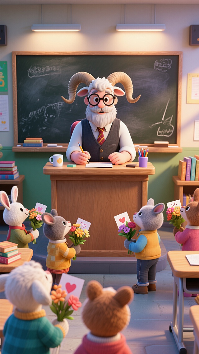 以山羊老师为主角，它戴圆框眼镜，穿衬衫+背心+领带，坐在教室讲台桌前，桌上有书本、杯子、文具。讲台后是黑板。前方是几只穿不同衣服的小动物学生，手捧鲜花和贺卡。温馨课堂氛围。
