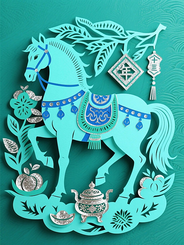 剪纸风融合国潮元素，青绿马身配银蓝纹饰，浮雕质感十足，点缀祥云、灯笼与香炉，尽显中式喜庆与民族韵味。