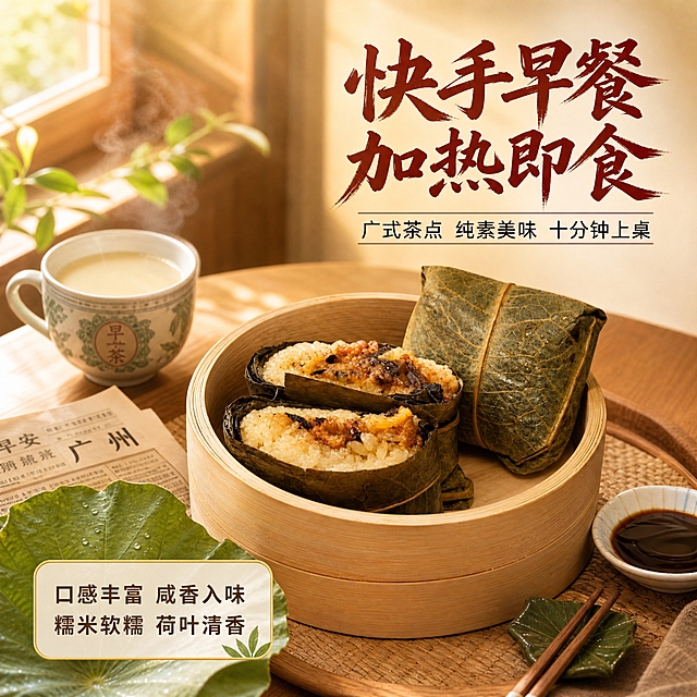 [主图-3] 食用场景与便捷性 纯素糯米吉 快手早餐生活方式主题。
[统一基调] 整体风格为广式早茶温馨食欲感，背景主色为暖木棕与浅米黄渐变，标题字色为深棕红，辅助字色为暖金色，强调色为藤椒绿，字体样式为粗笔刷书法字主标题搭配清爽黑体辅助文，卡片样式为圆角半透明米白底配细金边。
[画面] 产品主体为竹制蒸笼里的纯素糯米吉，蒸笼置于温馨的家庭早餐餐桌上，旁边搭配一杯冒着热气的豆浆、一小碟香醋、一双竹筷、新鲜荷叶装饰，背景虚化的厨房晨光从窗户洒入，营造温暖的早餐氛围，桌面有一份打开的报纸或手机增加生活感，产品占画面约55%，视角为45度俯视生活方式构图。
[光影质感] 清晨暖调自然光从左侧窗户洒入，在桌面形成柔和光斑，蒸笼与餐具投影自然，食物表面有温润光泽，整体生活方式美食摄影质感，氛围温馨治愈。
[配色] 暖木餐桌棕色调，晨光暖黄色调，糯米乳白，荷叶深绿，藤椒绿点缀，深棕红标题字，暖金辅助字。
[文字版式] 右上角主标题粗笔刷书法字"快手早餐 加热即食"，下方两行小字黑体"广式茶点 纯素美味 十分钟上桌"，左下角圆角半透明米白卡片内两行"口感丰富 咸香入味 糯米软糯 荷叶清香"，文字放在画面负空间不遮挡产品。
[输出要求] 比例1:1，文字清晰可读，场景自然温馨，产品清晰，负向：变形 错字 模糊 杂乱 水印 平台Logo 冷色调 塑料感 人物面部 过度摆拍