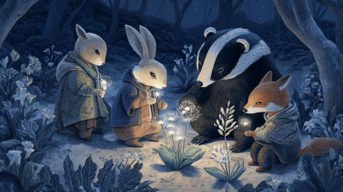 A magical forest clearing at midnight, animal children – a rabbit, a fox, and an owl – gathered arou预览效果