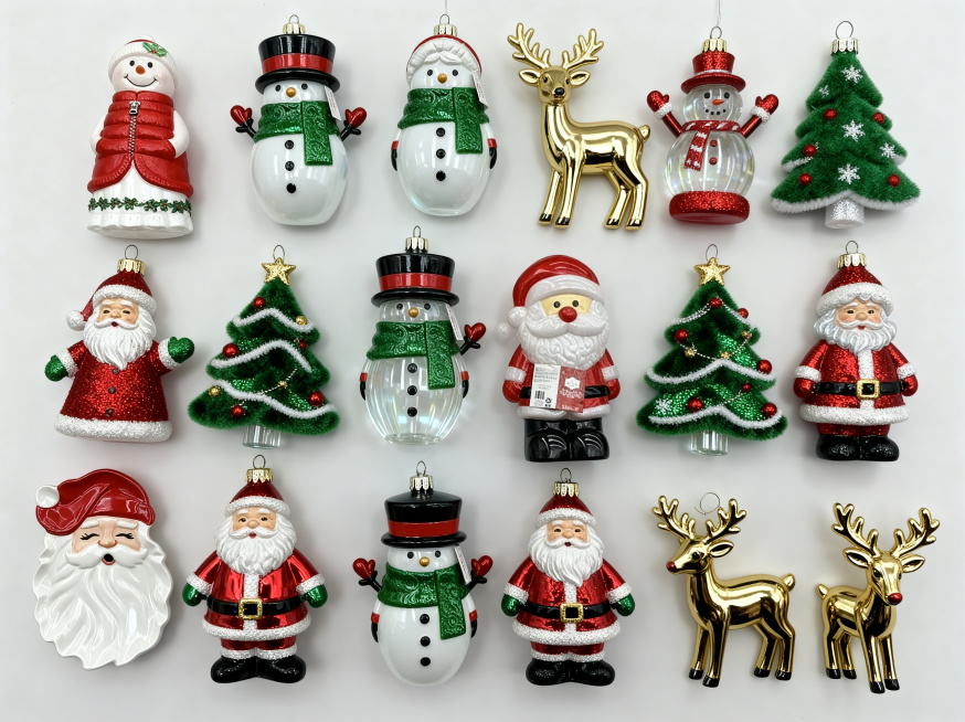 设计一套圣诞主题挂件吊饰，参考前面四张图的经典圣诞配色（红、白、绿）和经典圣诞形象元素（圣诞老人、雪人、麋鹿、圣诞奶奶），应用图5的材质工艺（提供多种电镀、植绒、透明效果等工艺选择，符合实际生产工艺与预览效果