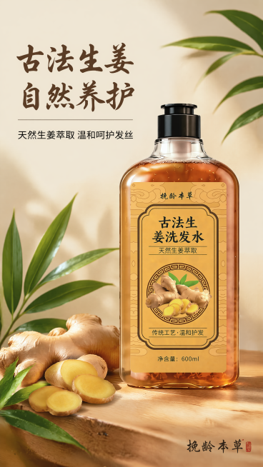 [第1屏] 古法生姜洗发水宣传海报，本屏使用【图1】作为商品主体。
[氛围/风格] 天然植萃温暖氛围，复古国风+现代商业摄影质感，自然清新，突出古法养发的理念。
[元素布局] 植物生姜洗发水瓶放置在画预览效果