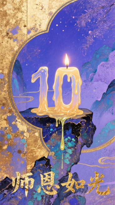 融化的蜡烛的烛油，慢慢汇聚成数字 “10”，背景是深邃而温柔的蓝紫色夜空，蓝色与紫色相互交融，过渡自然，在蜡烛下方，展开着烫金质感的艺术字体 “师恩如光”。字体的笔画粗壮有力，预览效果