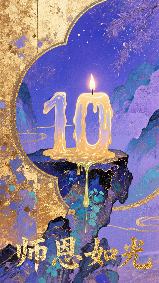 梦幻中式插画风，鎏金大字“师恩如光”，烛影摇曳，意境深远。