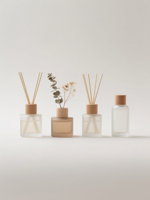 简约现代风格的香薰产品组合，四个不同设计的香薰瓶呈规整矩形排布，每个透明磨砂玻璃香薰瓶搭配原木色木质扩香棒，部分瓶中插有干燥植物装饰，整体采用统一的米色、浅棕色和透明色配色方案，纯净白色纯色背景，高清晰度摄影质感，柔和均匀的自然光照明，无任何文字、logo和水印元素。预览效果