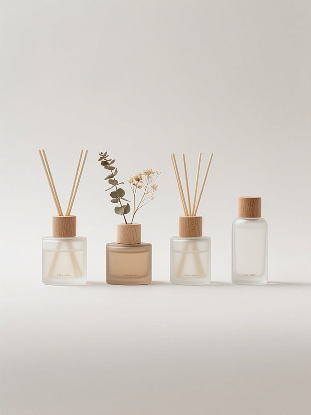 简约现代风格的香薰产品组合，四个不同设计的香薰瓶呈规整矩形排布，每个透明磨砂玻璃香薰瓶搭配原木色木质扩香棒，部分瓶中插有干燥植物装饰，整体采用统一的米色、浅棕色和透明色配色方案，纯净白色纯色背景，高清晰度摄影质感，柔和均匀的自然光照明，无任何文字、logo和水印元素。