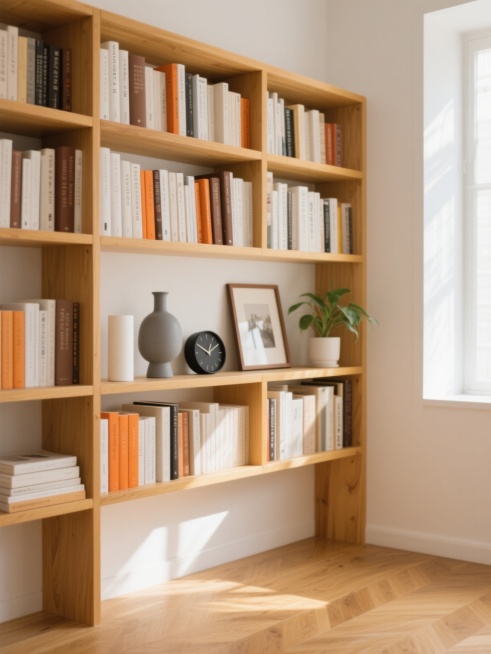 现代简约风格的室内场景，暖黄色木质书架，书架上整齐排列着各种书籍，书脊颜色有白色、橙色、棕色等，书架上还点缀着小型装饰品，包括灰色花瓶、白色圆柱形摆件、黑色圆形小钟、相框和一盆绿色植物，自然光从左侧照射进来，在书架上形成柔和的光影效果，木质地板，白色墙壁，整体氛围温馨舒适。预览效果