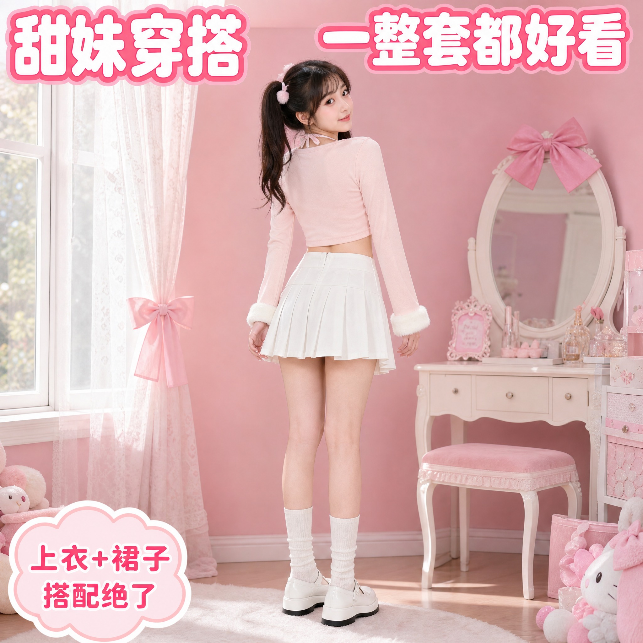 [主图-3] 粉色Hello Kitty毛绒挂脖长袖上衣 背面… - 图片创意预览