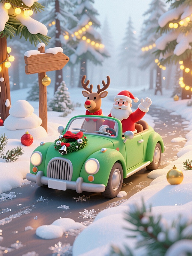 一辆绿色复古敞篷轿车（车上坐着开着车拟人的带着红蝴蝶结的驯鹿和挥手的圣诞老人），车身装饰圣诞花环与银色铃铛。地面为覆盖薄雪的森林小路（散落松针与冰晶），背景为雾凇覆盖的圣诞松林（缠绕暖黄串灯），点缀雪堆、木质指路牌与发光圣诞球。冬日圣诞森林风格，梦幻治愈氛围，画面色调以绿、红、白、暖黄为主。