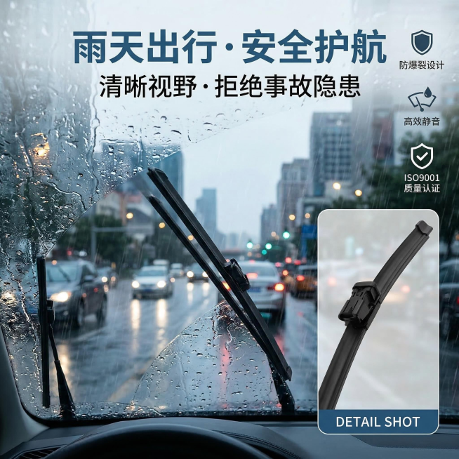 1:1 竖版电商主图，还原上传雨刮器的形态特征，展示雨天驾驶场景。背景为暴雨中的城市道路，汽车前挡风玻璃被雨刮器快速刮拭，视野清晰透亮，画面中心嵌入雨刮器产品特写。主标题「雨天出行・安全护航」，副标题预览效果